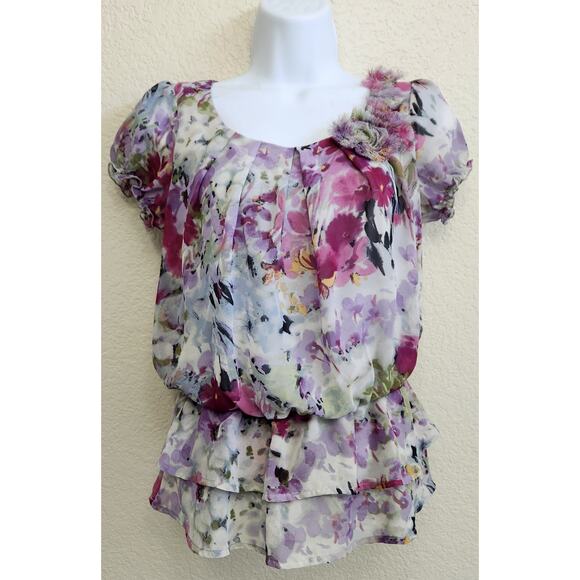 Sunny Leigh Purple Multicolor Floral Print Top PP SP Lined Material Flowers Soft - Picture 1 of 5